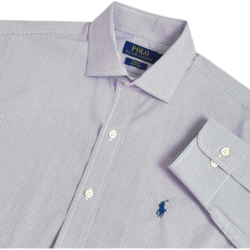 Polo Ralph Lauren Mens Slim Fit Dress Shirt 15.5 34/35 Blue Red Micro Check Pony